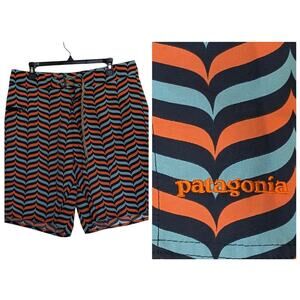 Patagonia Wavefarer Board Shorts Mens 34 Orange-Teal Beachy Surf Coastal 21"